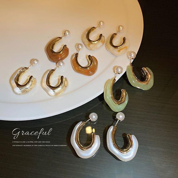 

hoop & huggie fashion temperament contracted retro transparent resin geometric irregular c-shaped water drop stud earrings for woman girls p, Golden;silver