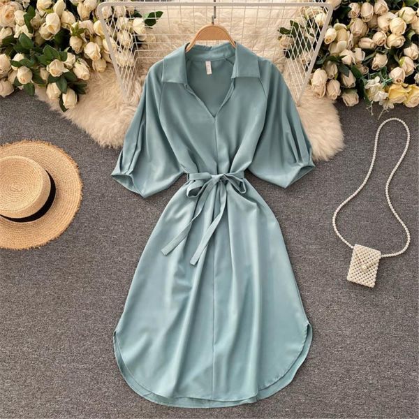 

casual dresses women office lady blue dress summer fashion short sleeve high waist elegant gown sundress female clothes 2021, Black;gray