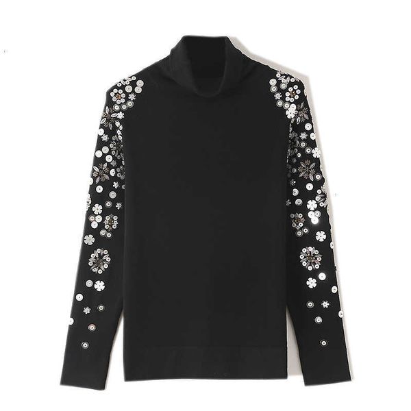 

women's sweaters retro heavy luxury knit sweater women autumn embroidery flower bead sequin wool black pullover turtleneck clothes xlou, White;black