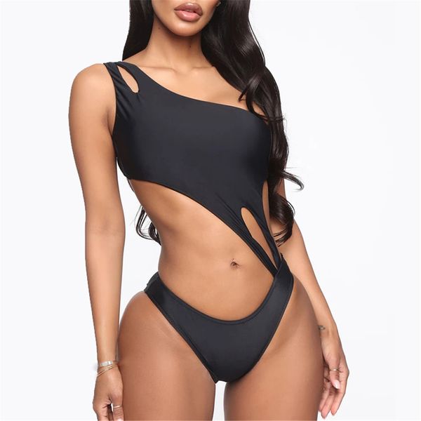 

2021 asymmetrical tummy cut out one piece swimsuit women swimwear female one shoulder bather bathing suit swim lady k2168