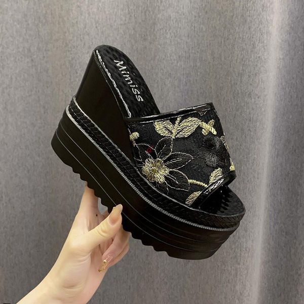 

slippers 2021 woman summer platform ladies wedges peep toe embroidery slides female solid women casual outdoor shoes women's, Black