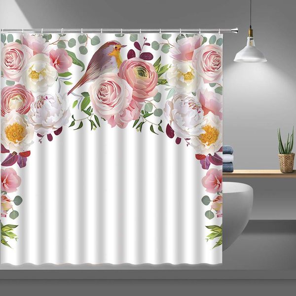 

floral shower curtains for bathroom,spring rose peony flower and bird fabric shower curtain with plastic hooks,69x70 inch pink