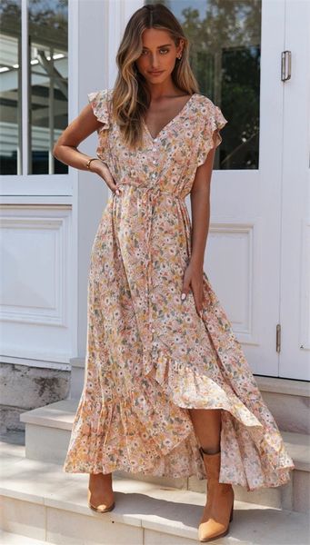 

casual dresses women summer es 2021 floral print bohemian beach holliday v-neck irregular short sleeve maxi long ladies psfu, Black;gray
