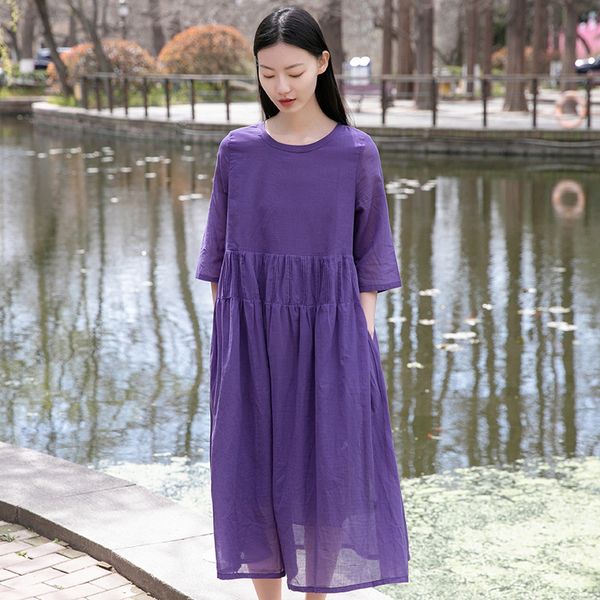 

johnature women dress cotton linen vintage simple skirt summer solid color short sleeve dress 210521, Black;gray
