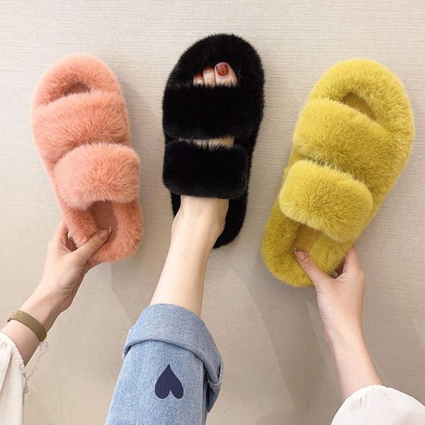 

slippers indoor furry women's female flat shoes soft plush winter warm sandals casual ladies flip flops open toe women slides, Black