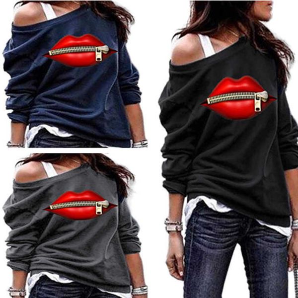 

fashion hoodies lips series spring and summer long sleeve round ne women's sweater, Black