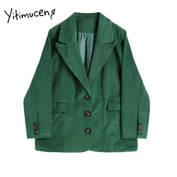 Yitimuceng Green Blazer Женщины Worduroy Костюмы Куртка Зимняя Одежда Осень Пальто Девушки Офис Офис Леди Одиночная Грубообразованная 210601