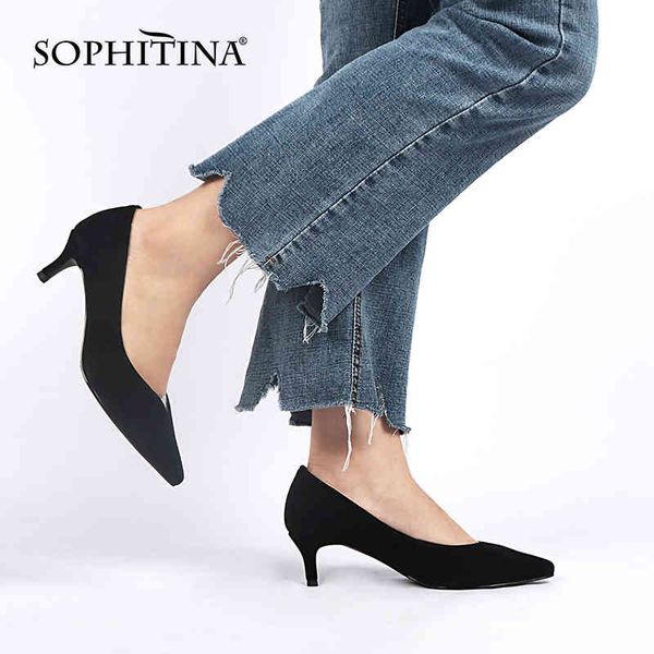 

sophitina slip-on women's pumps cow leather concise office ladies shoes stiletto pointed handmade female shoes k125 210513, Black