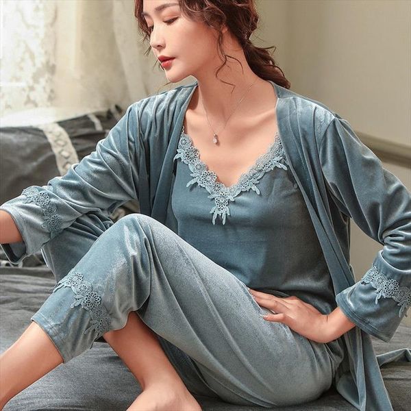 

velvet satin 3pcs robe women sleepwear set nightgown lace kimono lake blue bathrobe brides bridesmaid wedding dressing gown, Black;red