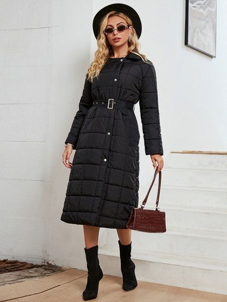 

simplee raglan sleeve buckled belted longline quilted coat t0cn#, Black