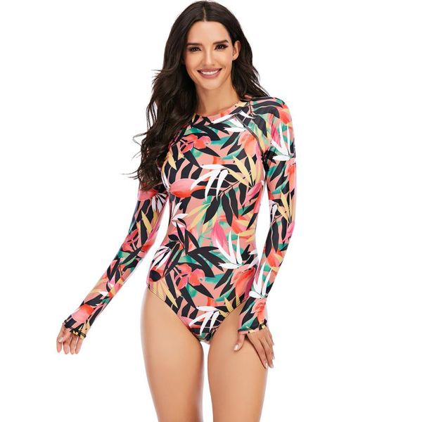 

two-piece suits 2021 summer women one piece bikinis long sleeve leaves printing back zipper push up swimwear beach swimsuit bathing suit