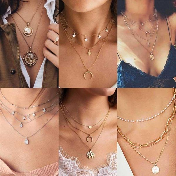

pendant necklaces ifmia multilayer gold for women fashion map moon star portrait necklace choker heart jewelry 2021 gifts, Silver