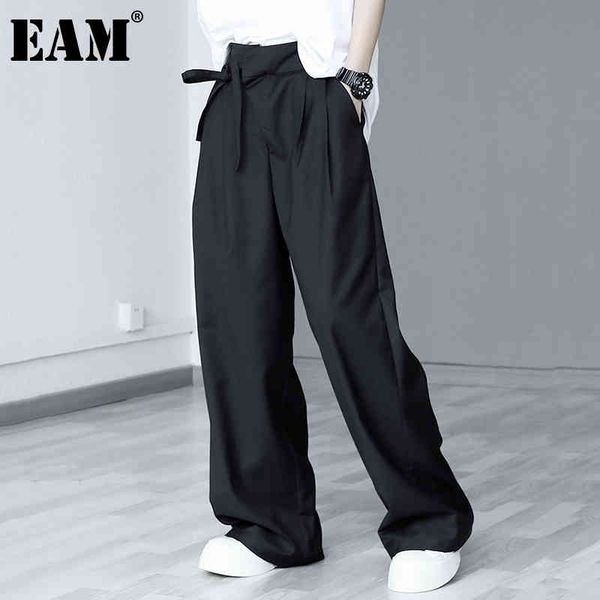 

[eam] high waist black bandage long wide leg casual trousers loose fit pants women fashion spring autumn 1dd7027 21512, Black;white
