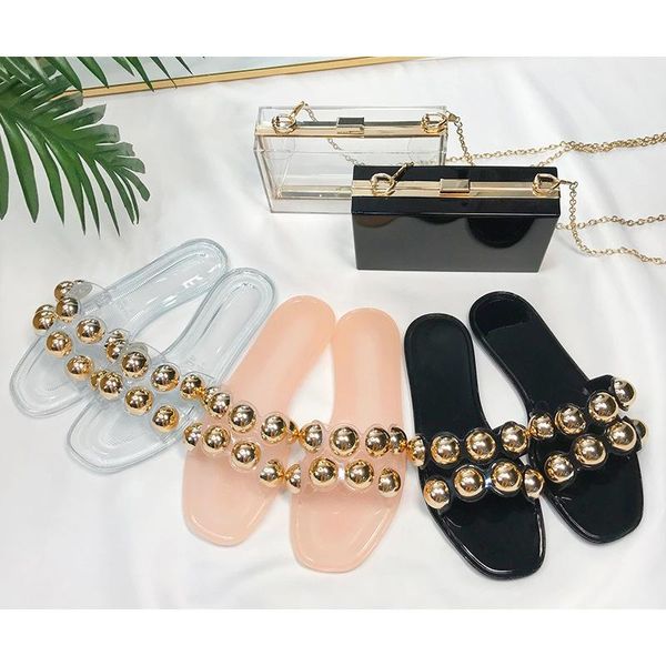 

slippers 2021 woman summer crystal jelly metal beads decoration outside pvc flat female sandals outer wear slides, Black
