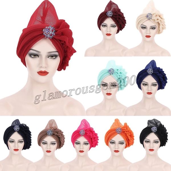 

turban cap for women fashion african headtie auto geles aso oke nigerian wedding gele muslim headscarf bonnet female head wraps, Blue;gray