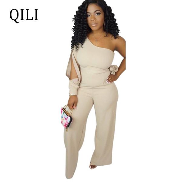 

women's jumpsuits & rompers qili one shoulder fashion women romper split long sleeve with belted boot cut pants casual overassl, Black;white
