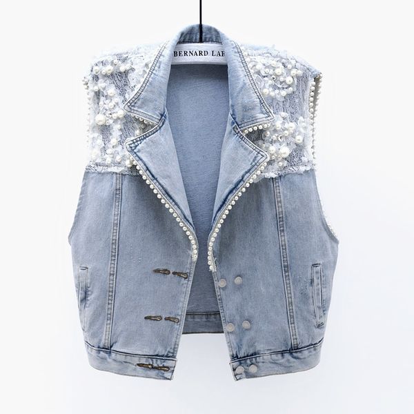 

jacket korean fashion lace splicing beading diamonds denim women summer casual jeans vest female loose waistcoat sleeveless jacket, Black;brown