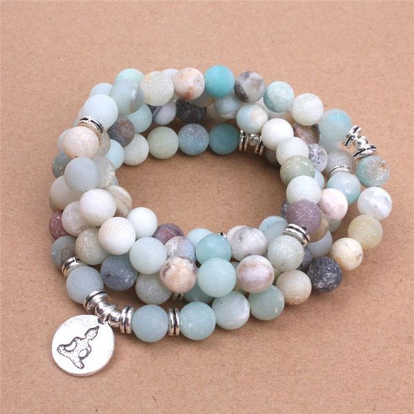 Frisado, Frontes Moda Mulheres Pulseira Matte Fosco Fosco Miçons Amazonite Com Lotus Om Buda Charme Yoga Mala Colar