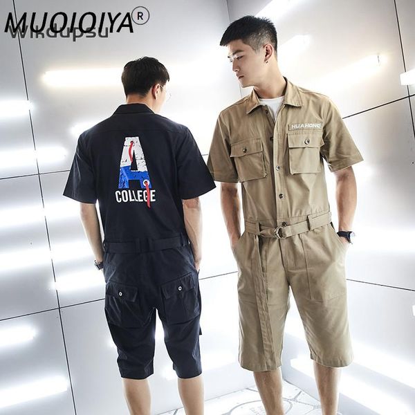 

men's pants spring summer overalls straight shorts short sleeve jumpsuit one piece playsuits korean fashion casual male rompers, Black