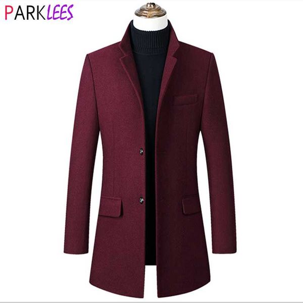 

men's wool & blends wine red trench coat 2021 winter brand long men stand collar slim fit business pea overcoat male 4xl, Black