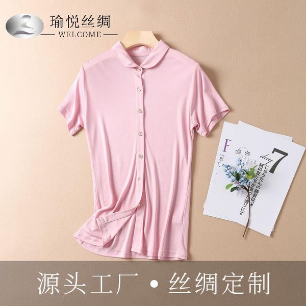 

women's jackets yuyue 2021 summer large loose short sleeve solid silk shirt base mulberry, Black;brown