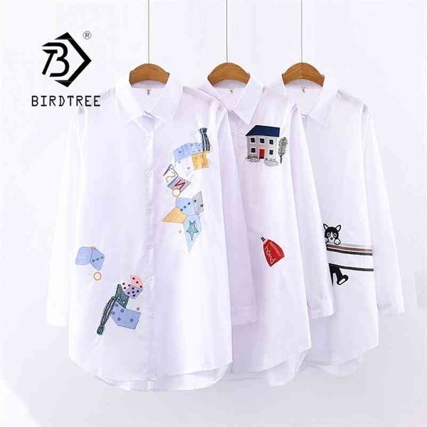 

new women embroidery long sleeve white shirt button up turn down collar cute cartoon blouse long feminina blusas t9d62 210323