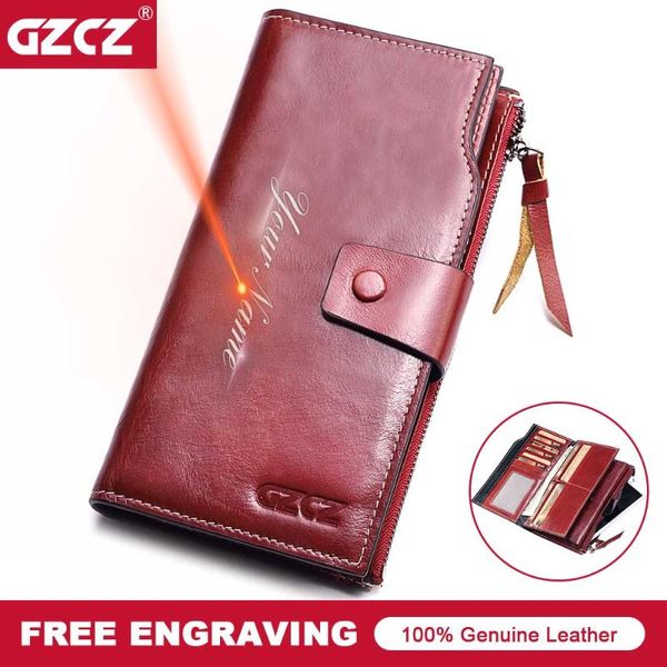 

wallets gzcz women wallet genuine leather female long coin purse cell phone pocket hasp lady zipper walet clamp for money 2021, Red;black