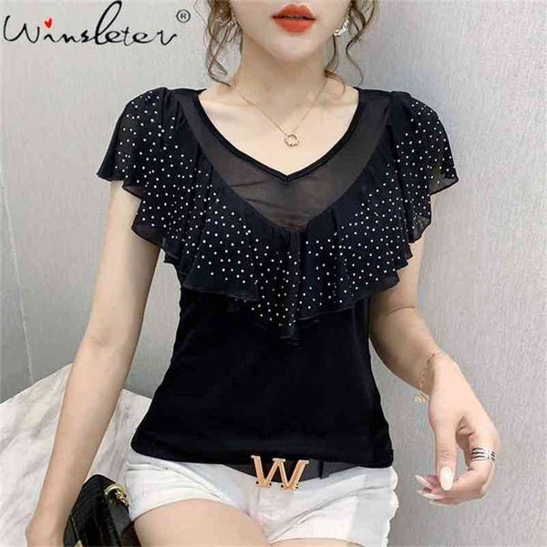 

summer korean style t-shirt fashion shiny v-neck mesh patchwork diamonds women ruffles casual tees t13416a 210421, White