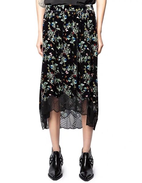 

skirt printed glossy silk half short front long back splicing lace gorgeous and elegant a4mp, Black