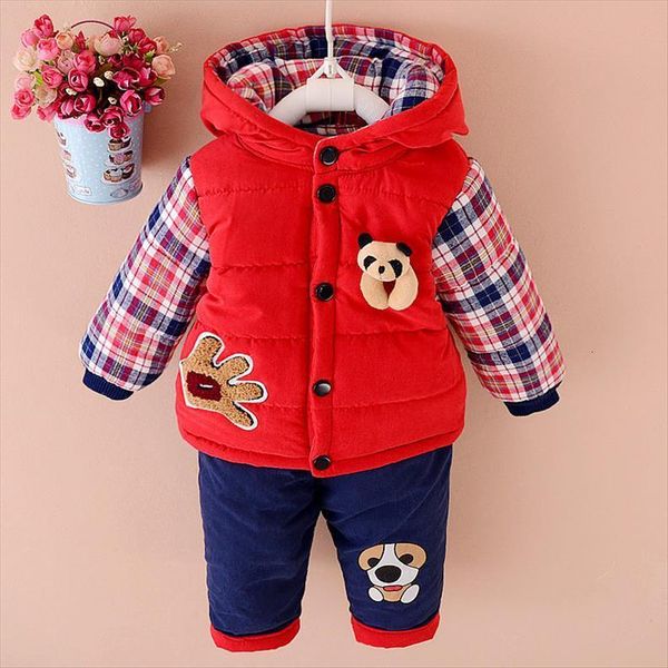 

baby winter clothes sets boys and girls plus velvet thick clothing 2 piece children cartoon hooded suits 1 3 years, White