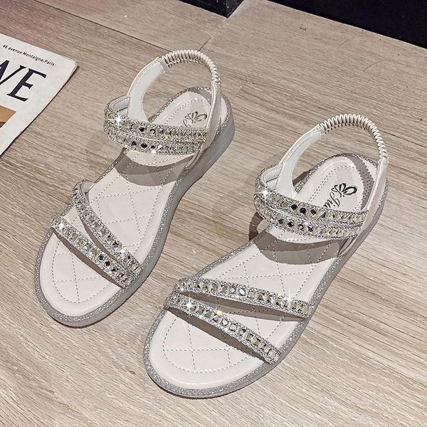 

sandals rhinestone beach shoes 2021 summer ins fashion flat roman style comfortable platform for women, Black