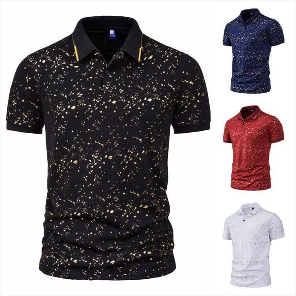

summer fashion casual speckled gold men polos printed lapel slim business short sleeve polo shirt, White;black