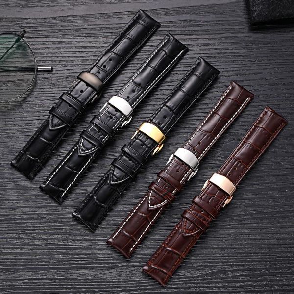 

watch bands 20mm 22mm men women calfskin leather strap black brown band replacement silver/gold/rose/black deployment buckle