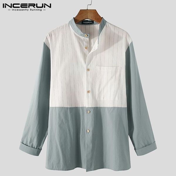 

men's casual shirts incerun men shirt striped patchwork stand collar 2021 long sleeve blouse streetwear vintage button pockets camisas, White;black
