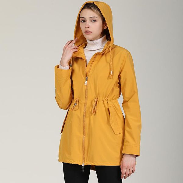 

women's trench coats long windbreaker waist windproof hood slim fit solid light coat, Tan;black