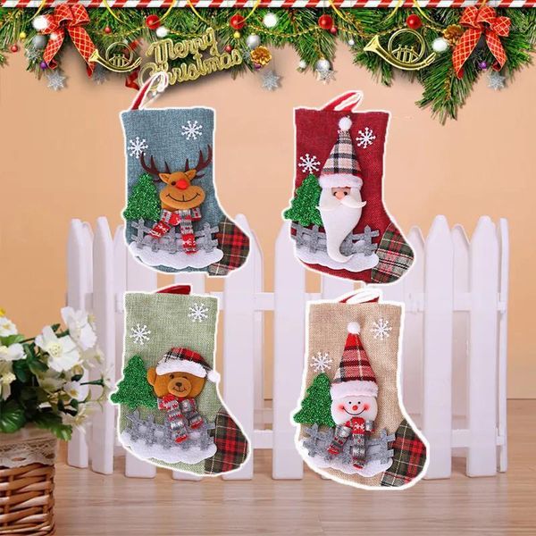 

christmas decorations santa claus socks plaid cloth dolls linen tree pendant ornaments candy gift bags