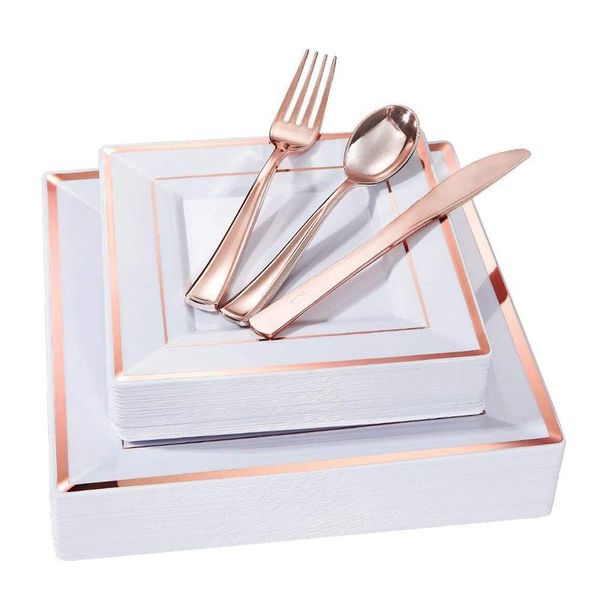 

disposable dinnerware 50pcs gold plastic plates silverware golden rim square plate rose set for wedding birthday party supplies