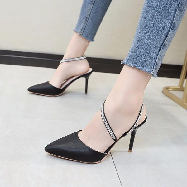 

dress shoes 2021 luxury silk design women high heels elegant show heel rhinestone strap pumps ladies wedding stilettos u22-20, Black