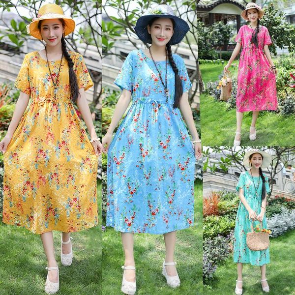 

women's tanks & camis 2021 summer large size fat mm loose and thin medium long short sleeved women's skirt ethnic printed cotton li, White