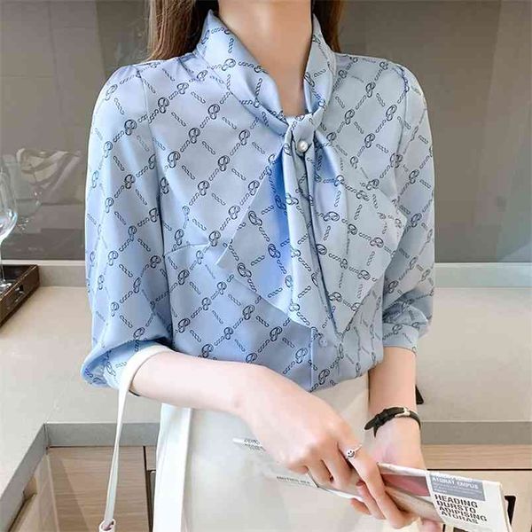 

women's shirt classic chiffon blouse female plus size loose half sleeve tie a shirts lady simple style clothes 210507, White
