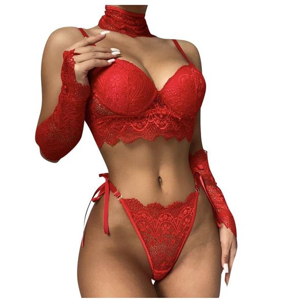 

bras sets lingerie erotic underwear women ladies strap lace crochet cutout teddy embroidery gauze, Red;black