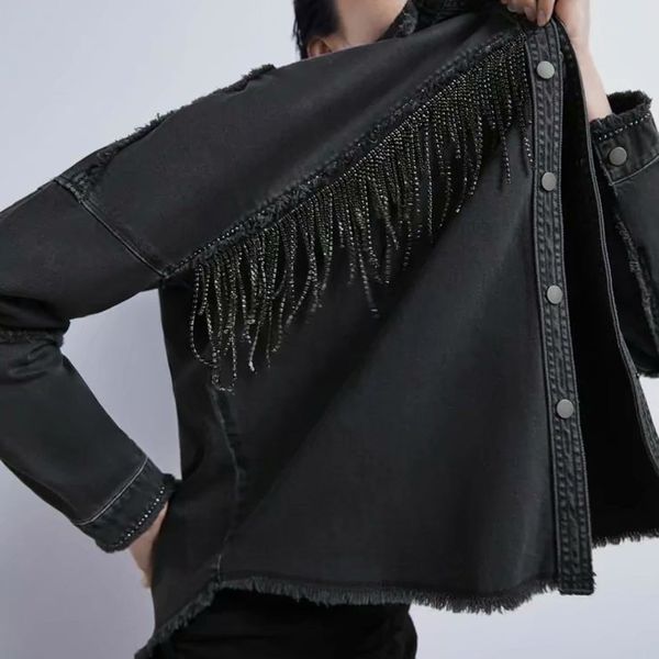 

women's down & parkas shiny accessories tassels denim jacket loose metal buttons coat woman jeans irregular punk style streetwear, Black