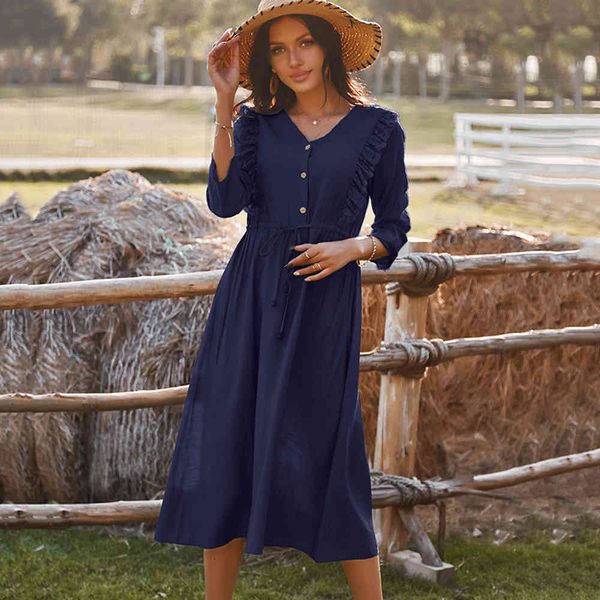 

dress solid color midi dress for women 2021 spring summer button lace up v neck ladies casual patchwork elegant holiday dresses kz8s, Black;gray