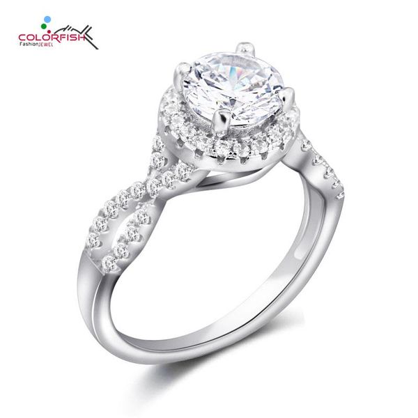 

cluster rings colorfish real 925 sterling silver round cut cubic zirconia split shank engagement ring for women anniversary jewelry, Golden;silver