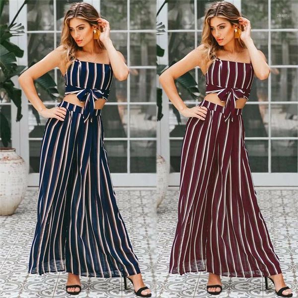 

two piece dress women clothing sets striped printed sleeveless short loose wide legs trousers 2pcs female costume suits, White