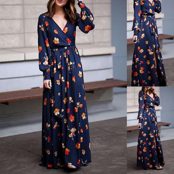 

2021 spring new autumn winter long sleeve v-neck plaid printed floral dress, Black;gray