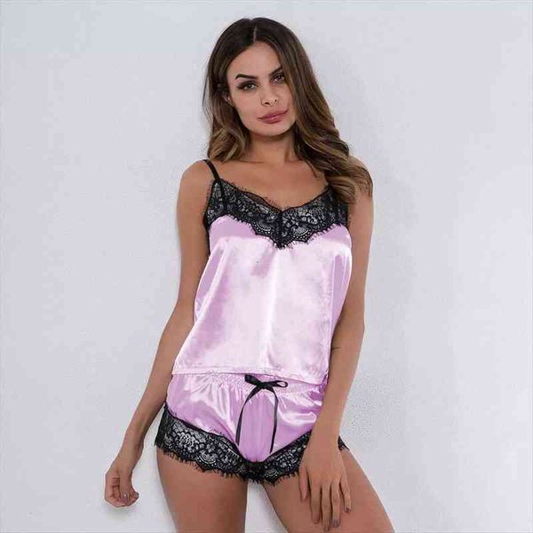 

selling homewear satin pajama women sleepwear 2 pieces set lace v neck pyjamas sleeveless cute cami and shorts, Black;red