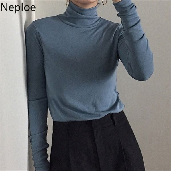 

neploe 2021 autumn winter new long sleeve thin t shirt women bottom half high neck solid tees simple poleras mujer de moda 46536 210317, White