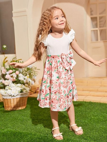 1-teiliges Kleid für Kleinkinder und Mädchen mit Blumendruck, Schmetterlingsärmeln und Schleife vorne