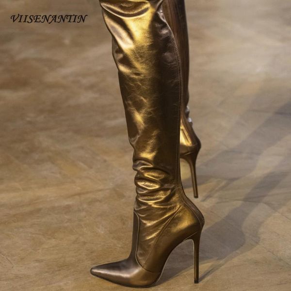 

boots viisenantin 2021 winter long 12cm thin heel pointed toe fashion show runway gold red blue over knee, Black